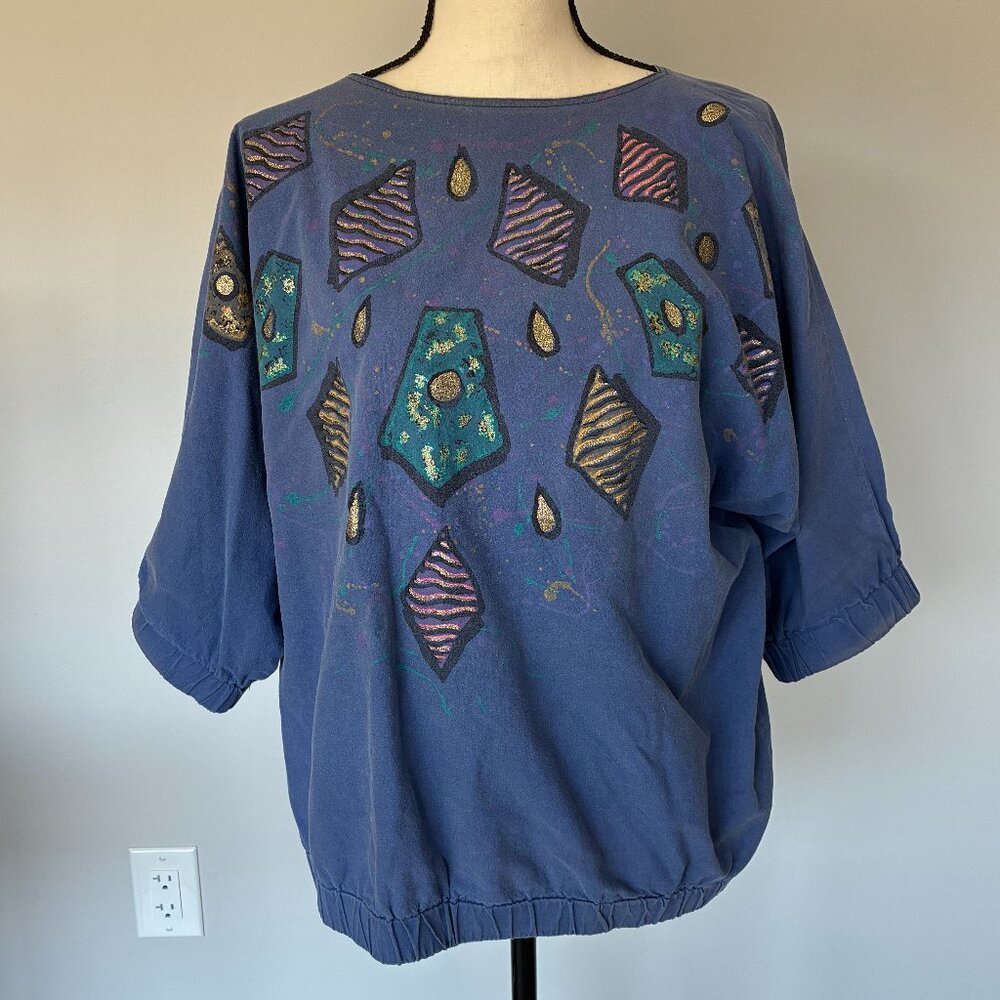 80s Vintage oversized blue shirt with hand-painted geometric designs